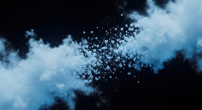 Abstract blue data clouds exploding and fragmenting against a dark background
