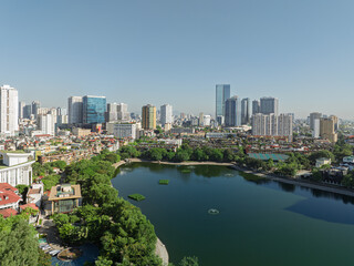 Aerial panorama of Thanh Cong Lake surrounded by modern residential towers and green urban landscapes in Hanoi, Vietnam. © Hanoi Photography