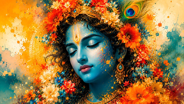 Artistic Lord Krishna portrait adorned with vibrant blooming flowers and peacock feather, radiant blue skin, divine serenity, colorful floral background and timeless Hindu spiritual beauty