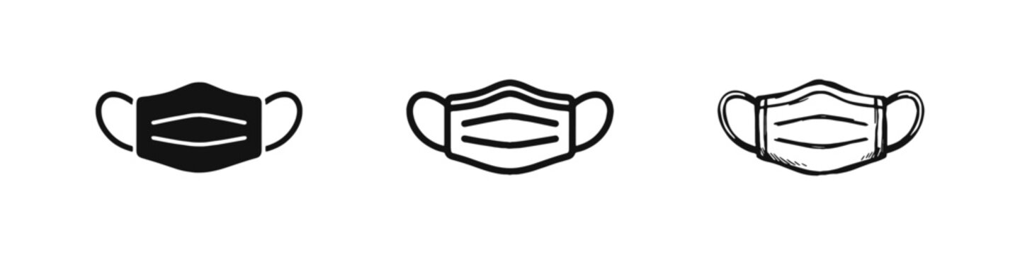 Medical face mask icon set, surgical protection mask symbols, healthcare safety and flu prevention, vector illustration