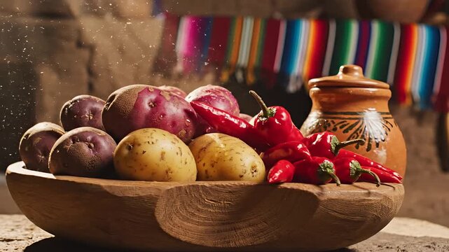 Rustic Bowl of Potatoes and Chili Peppers with Andean Textile Background.