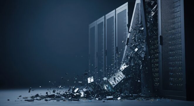 Data center server rack collapse and fragmentation, representing technological disaster and data loss.