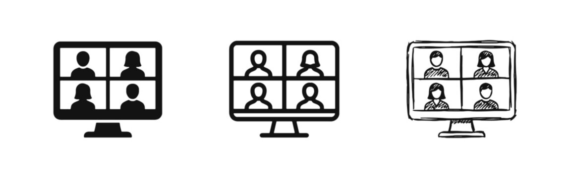 Video conference icon set, remote meeting on computer monitor with four people, online webinar symbol, vector illustration