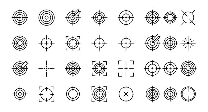 Target and precision outline icon set with bullseye crosshair reticle and focus symbols editable stroke vector