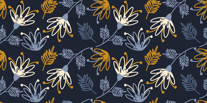 Seamless pattern featuring hand-drawn stylized flowers and feathery leaves in mustard, cream, and blue tones on dark navy background. Perfect for boho-style textiles, wallpaper, and stationery.