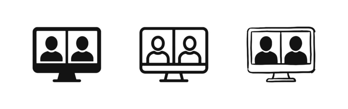 Online video call icon set, duo meeting on monitor, remote consultation and interview symbols, vector illustration