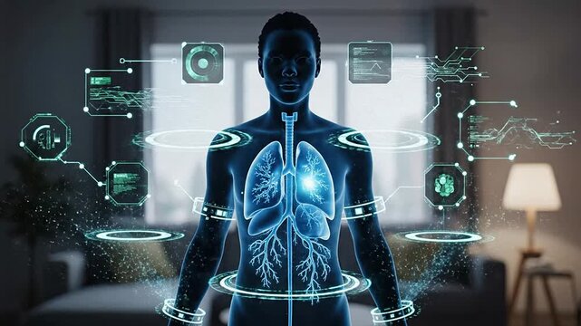 Futuristic Holographic Health Analysis Display With Human Silhouette And Lungs Visualization In Cozy Living Room Environment