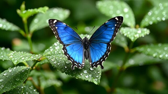 Stunning Blue Morpho Butterfly Resting on Wet Green Leaves CloseUp.