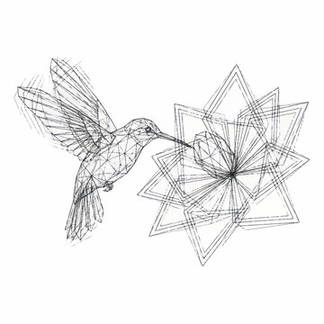 Geometric hummingbird feeding from abstract geometric flower illustration.