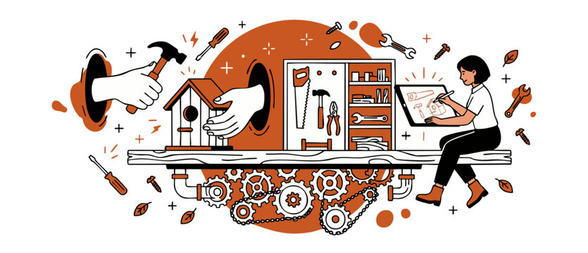 Woodworking DIY craft design illustration showing woman planning birdhouse project on tablet while hands assemble wood using tools like hammer and saw. Creative digital drafting and construction.