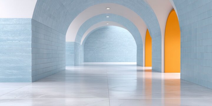 a long tunnel with blue tiles and orange doors, lights on the ceiling