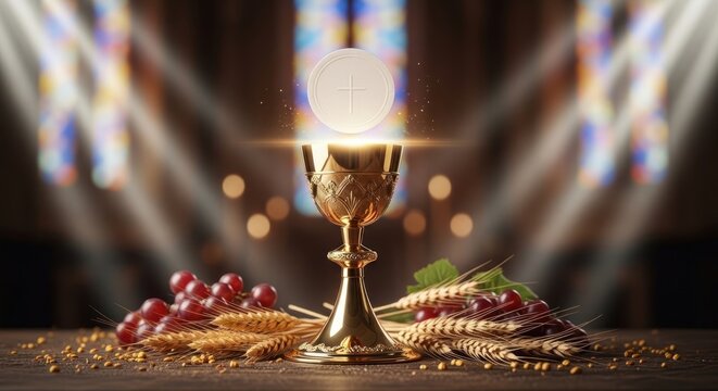 Sacred Eucharist presentation: holy Feast, Christ Body, divine Blood, religion sacrament, Corpus Christi, golden chalice, host wafer, wheat grain, grape cluster, light ray, church window.