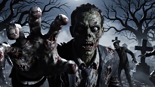 Terrifying Zombie Apocalypse in a Spooky Graveyard at Night.