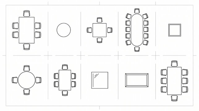 Architectural CAD Furniture Symbol Sheet with Table Top View Blocks Dining Coffee Round Square Rectangular Meeting Table Black Line Vector Technical Draft Set