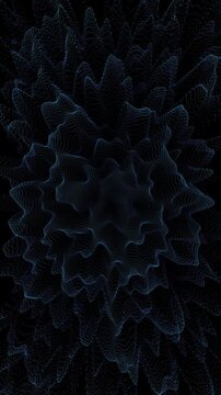 A dark abstract vertical background featuring a dense field of small blue dots arranged in a dynamic, wavy pattern. digital visualization concepts of data flow, interconnected networks, and technologi