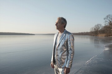 Fototapeta premium A middle-aged man stands alone on a partially frozen lake, wearing a shiny silver blazer and light gray t-shirt, surrounded by distant tree lines and leafless trees under a clear