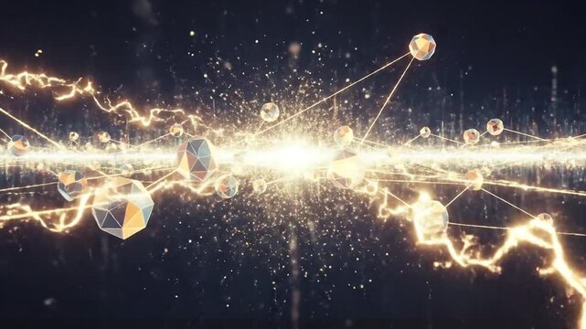Abstract network connection with glowing lines and geometric shapes, digital technology background.