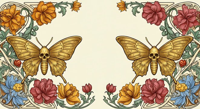 Golden Skull Butterflies: Art Nouveau Floral Frame