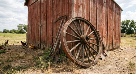 Obraz premium Rustic charm of an old barn with a weathered wagon wheel near a farmyard
