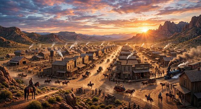 Sunset over a bustling Old West town filled with cowboys, horses, and steam engines