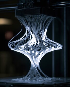 Medium shot of flexible material 3D printing in progress capturing dynamic movement and elastic characteristics for customizable lighting prototypes.