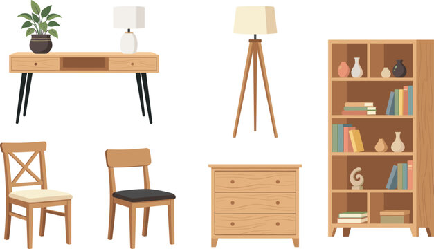 A professional vector furniture set featuring a modern wooden desk bookshelf chairs chest of drawers and lamps