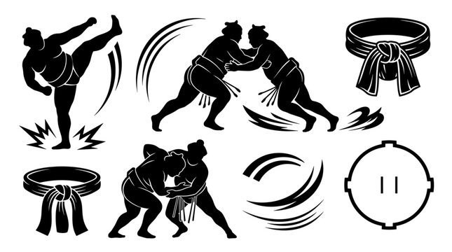 Collection of Sumo wrestler silhouettes and traditional martial arts elements