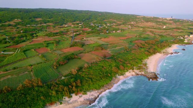 ドローン空撮：美しい海から緑豊かなパッチワーク畑の陸地へ前進する海岸風景