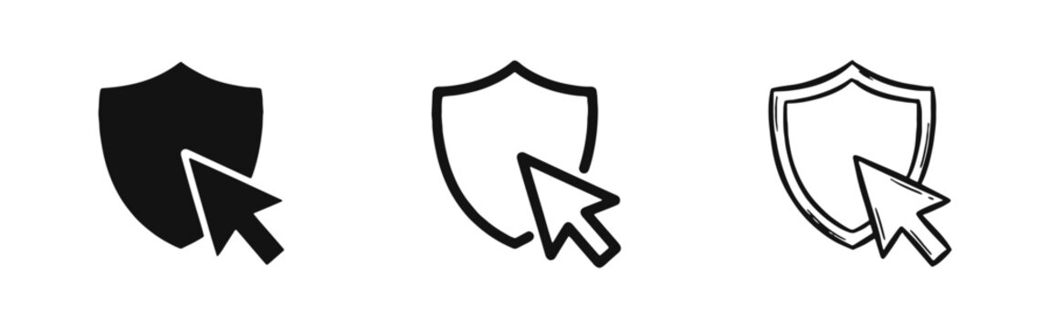 Security Protection Icons, Shield with Mouse Cursor Click Vector Symbols