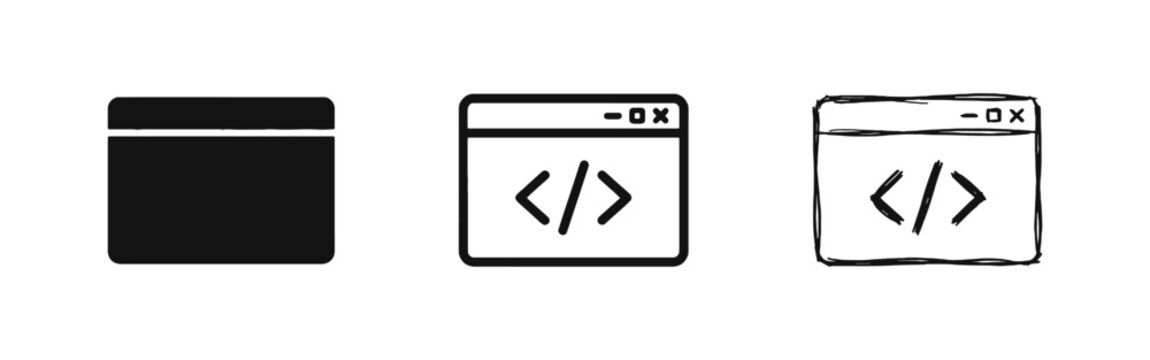 Web Development Browser Window Icon Set with Programming Code Tags in Glyph, Outline, and Sketch Styles