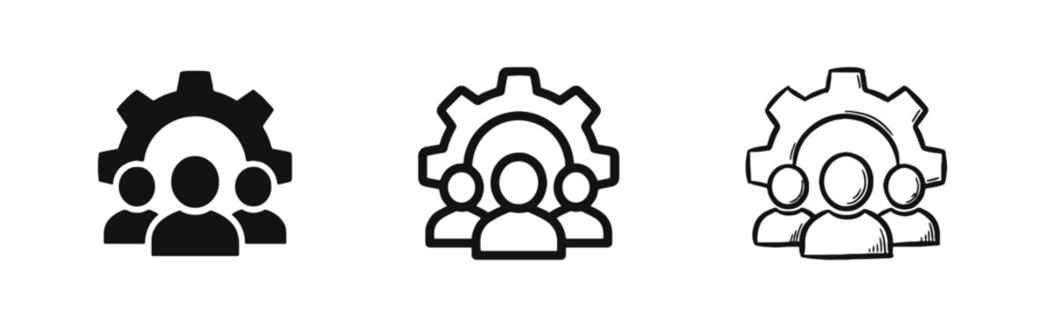 Team Management and Technical Support Icon Set with People and Gear in Glyph, Outline, and Sketch Styles