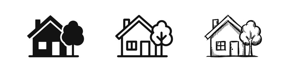 House with Tree Real Estate Icon Set in Solid, Outline, and Hand-Drawn Sketch Styles © drawing lines