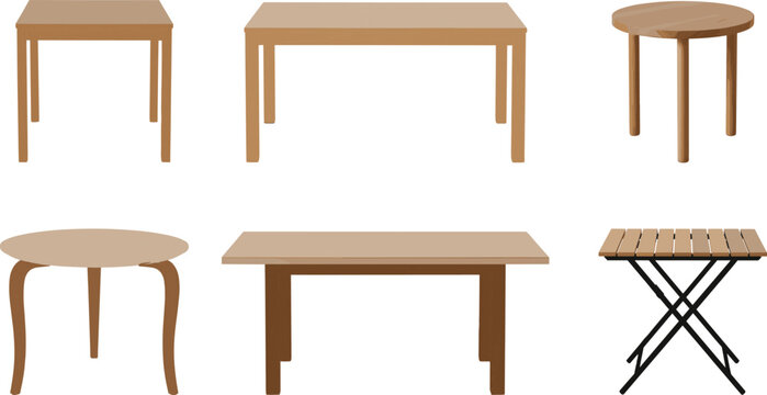 A professional vector illustration set featuring wooden dining tables round coffee desks and a folding outdoor patio table