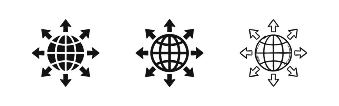 Global distribution icon set featuring world globe with arrows pointing in multiple directions