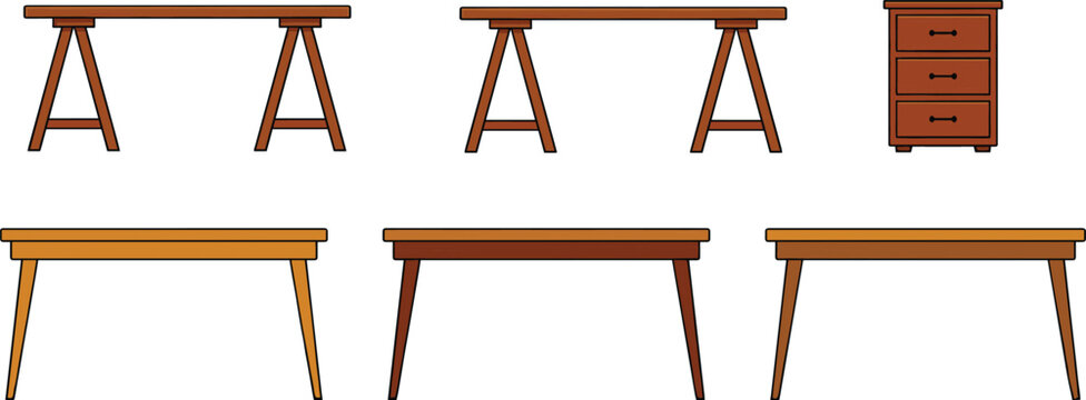 A professional vector illustration set featuring wooden trestle tables classic dining desks and a matching chest of drawers