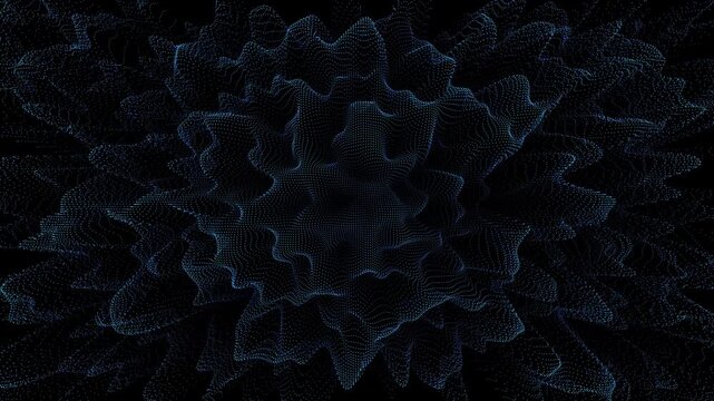 A dark, abstract background featuring a dense field of small blue dots arranged in a dynamic, wavy pattern. This digital visualization evokes concepts of data flow, interconnected networks, and techno