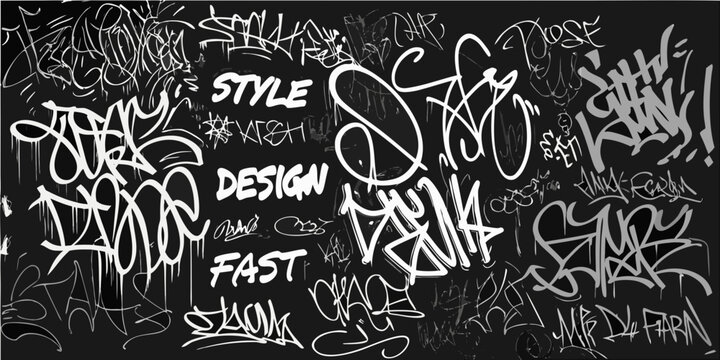 White graffiti lettering and design elements on a dark background