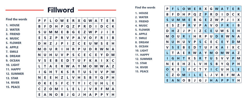 Filled word puzzle with words highlighted in blue for cryptogram concept  