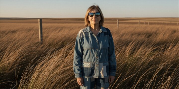 A woman stands in a sun-drenched field wearing a patchwork denim jacket and denim shorts, exuding a sense of calm amidst the golden-brown grasses.
