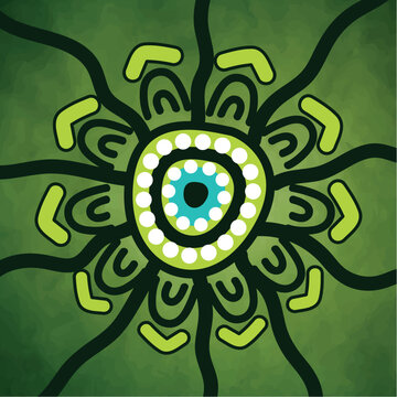 Green Circular Aboriginal Dot Painting Inspired Traditional Tribal Art Illustration