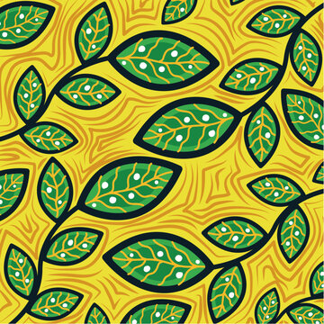 Yellow Leaf Pattern Aboriginal Inspired Nature Style Seamless Art Illustration