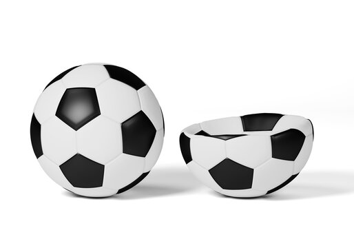 Perfect soccer ball next to a deflated soccer ball isolated on white background, contrast concept