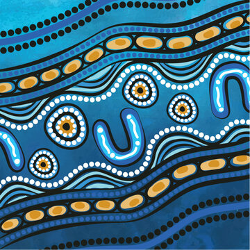 Aboriginal inspired blue river pattern illustration with wave shapes