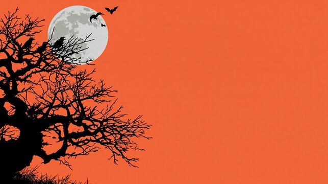 Spooky silhouette of bare dead tree with crows under full moon and flying bats against solid orange background for classic Halloween design