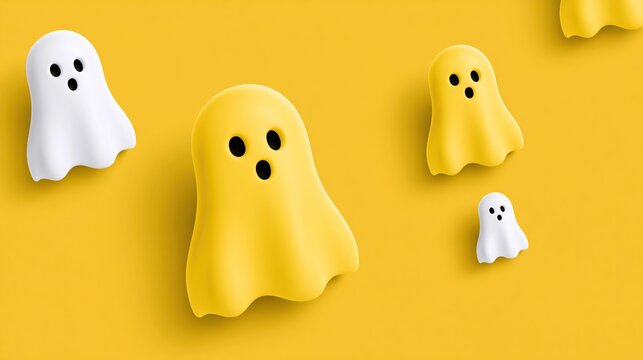 Cute small and big ghosts in white and yellow on solid yellow background for fun playful Halloween holiday design
