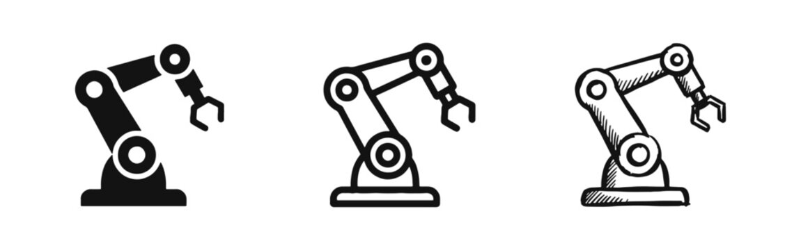 Industrial Robotic Arm and Automation Icons in Solid Outline and Hand-Drawn Styles