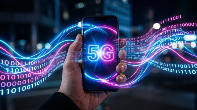 Hand holding smartphone with glowing 5G sign and abstract digital lines. High speed internet connection concept. Wireless communication technology, data transmission and network innovation.