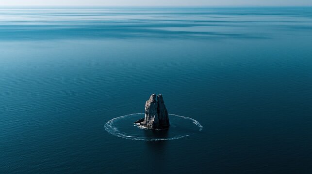 Twin rocky sea stack stands alone in deep calm blue ocean with circular white foamy wave pattern around it