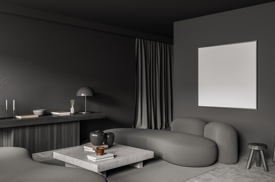 Modern interior design room with blank poster mockup in minimalist style on dark background as concept of elegance and calm interior mood, 3D Rendering