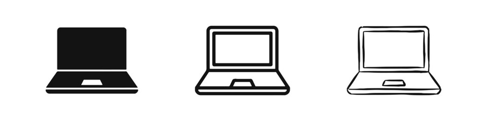 Laptop Computer Icon Set in Solid, Outline, and Hand-Drawn Styles for Technology and Office Design © drawing lines